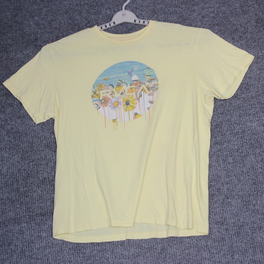 RVCA Vintage Wash Yellow Graphic‎ T Shirt XL Mushrooms Flowers Nature Print